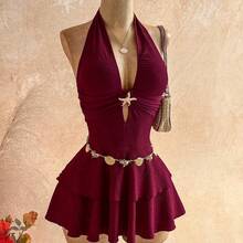 WYWH Women's Solid Color Halter Metal Decor Fashion Date Party Mini Dress - Negro - Ver 5