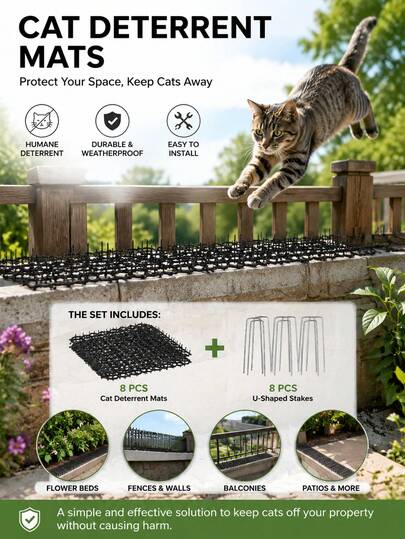 8 Peças Tapete Scat para Gatos, Dispositivo de Treinamento de Animais de Estimação para Repelir Gatos e Outros Animais para Uso Interno e Externo (Jardim e Cerca) com 8 Grampos