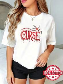 Women's Short-Sleeved T-Shirt With Round Neck And Print, Summer Malion With Red Drip Effect And Bird S-3XL 100% Cotton Material - 白色 - 查看 1