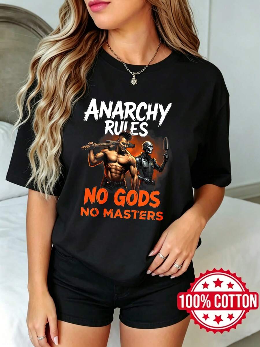 Camiseta negra de manga corta, cuello redondo y estampado para mujer de verano Anarquía Gobierna Sin Dioses Ni Amos S-3XL moda 100% aodón material