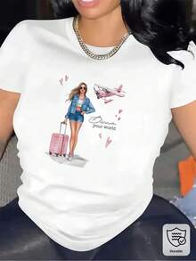 Camiseta de manga corta y cuello redondo para viajes, estampado gráfico duradero con elasticidad media, estilo maduro, ligero y cómodo, para uso casual en restaurantes o salas de estar, uso diario - Blanco - Ver 2