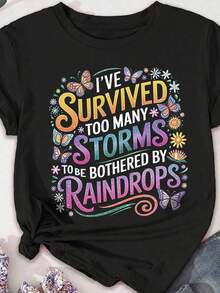 Women's Short-Sleeved T-Shirts, Round Neck, 100% Cotton, Casual Style, With Butterfly And Flower Graphic Print "I Have Survived Too Many Storms", Black Short-Sleeved T-Shirt, Inspiring Boho Aesthetic, Breathable And Soft, All-Day Comfort, Everyday Wear. - 黑色 - 查看 1