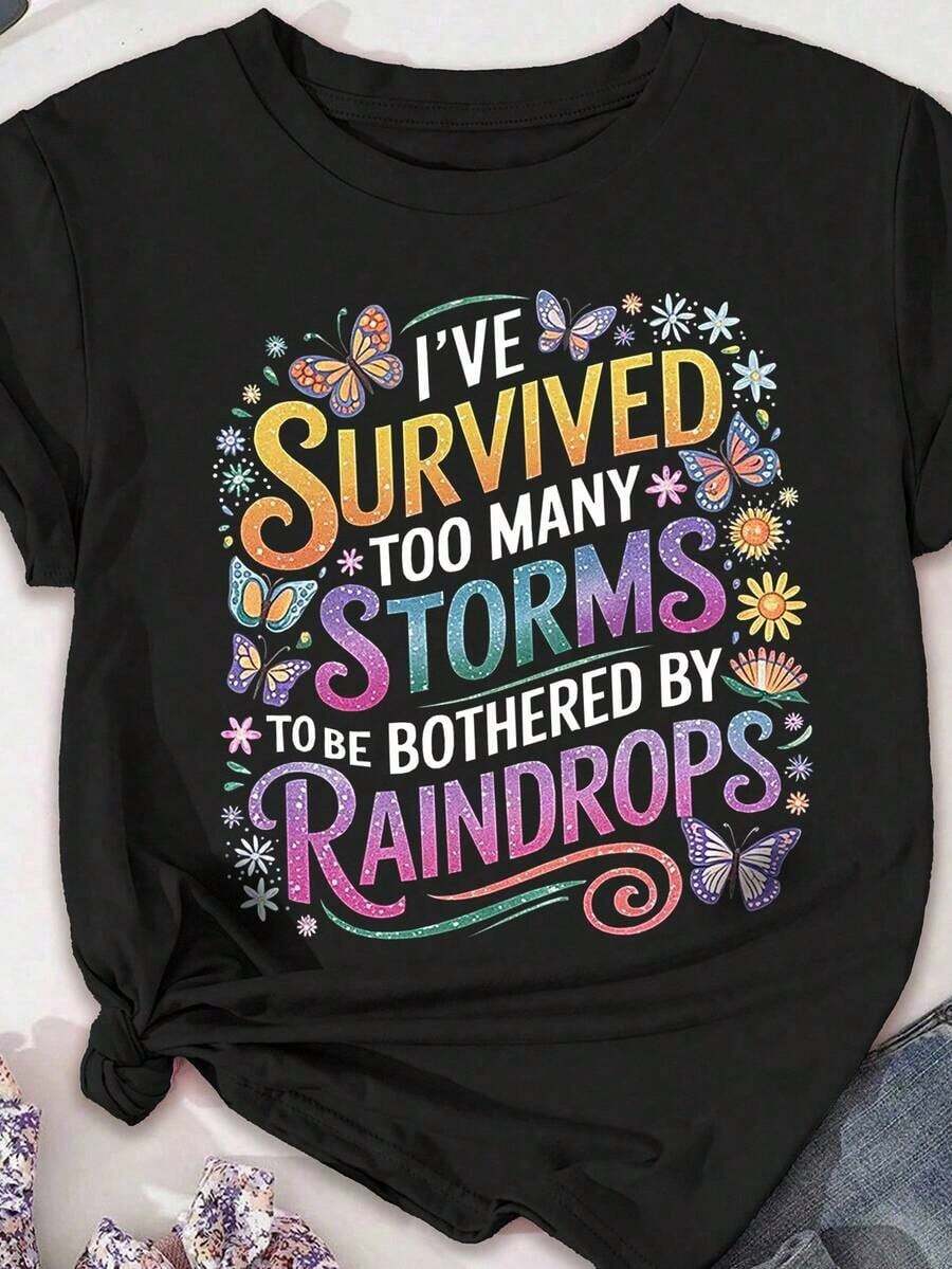 Women's Short-Sleeved T-Shirts, Round Neck, 100% Cotton, Casual Style, With Butterfly And Flower Graphic Print "I Have Survived Too Many Storms", Black Short-Sleeved T-Shirt, Inspiring Boho Aesthetic, Breathable And Soft, All-Day Comfort, Everyday Wear. - 黑色 - 查看 1