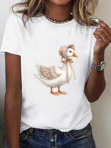 Plus Size - Women's T-Shirt With Adorable Duck Print - Soft And Loose Fit T-Shirt With Chicken And Bow Design, Casual White Blouse For Daily Wear, Suitable For Spring And Summer - Fashionable Women's Clothing, Spring Wardrobe, Cheerful Design, Breathable Material, Short Sleeve T-Shirt, Fashionable For Women. - 白色 - 查看 3