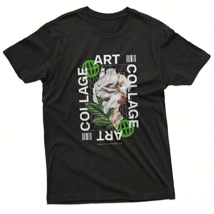 GiftMinimalist Art Green Leaf Creative T-Shirt, Suitable For Year-Round Wear, Short-Sleeved Round Neck T-Shirt, Printed On One Side, Made Of Pure Cotton, Fun Printed Top For Women, Soft. - 黑色 - 查看 1