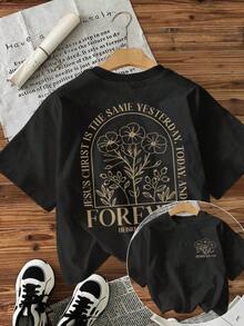 Camisetas De Calor Para MujerCamiseta De Manga Corta Con Cuello Redondo Para Mujer Con Estampado Y Letras "Forever" - ImpresióN A Doble Cara En La Parte Delantera Y Trasera, Estilo Casual - Blusa Para Atuendos Informales, Lavable A MáQuina. - Negro - Ver 1