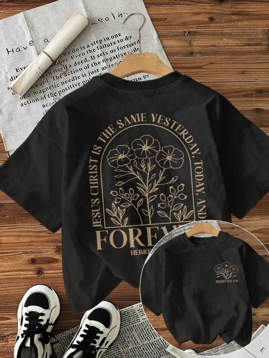 Camisetas De Calor Para MujerCamiseta De Manga Corta Con Cuello Redondo Para Mujer Con Estampado Y Letras "Forever" - ImpresióN A Doble Cara En La Parte Delantera Y Trasera, Estilo Casual - Blusa Para Atuendos Informales, Lavable A MáQuina. - Negro - Ver 1