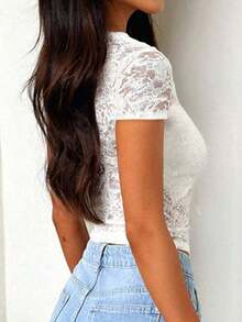 Blusa de punto de manga corta con encaje en la cintura, ajustada y sexy, de estilo casual para primavera y verano, color negro - Blanco - Ver 5
