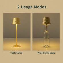 Lampe de table haute élégante à motif de diamant chaleureux LED, lampe de table rechargeable USB, avec base pointue à double usage, tête de lampe encastrable, texture métallique, ambiance de maison mode minimaliste, sensation de lumière confortable, luminosité réglable, convient pour la chambre, le salon, la table à manger, l'ambiance lumineuse du restaurant - Lampe de table haute + bouchon de bouteille - Voir 2