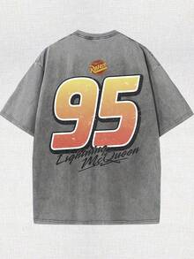 Men's Disney Washed Lightning McQueen 95 Tee, Retro Racing Print, Loose Fit, Premium Cotton. - Xám - Xem 3