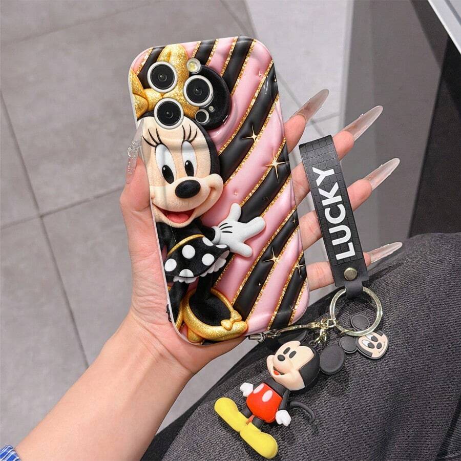 Disney Minnie Mouse Phone Case With Minnie Charm And Lanyard - Cute Minnie Protective Case With Glitter Gold Bow And Striped Background Design, Equipped With Delicate Minnie Decorative Lanyard And Beaded Bracelet For Easy Carrying, Compatible With IPhone 17, 16, 15, 14, 13, 12, 11 Pro Series, Ideal For Birthdays, Holidays, Anniversaries, Graduation Gifts, Or Any Special Occasion To Surprise Family, Friends, Classmates, And Loved Ones. - 白色 - 查看 1