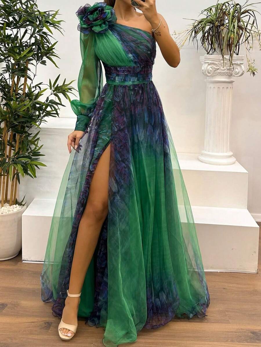 Vestido amplio de tul con diseño asimétrico para uso diario - Verde Oscuro - Ver 1