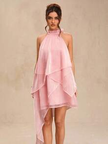 Vestido de satén de línea A con escote halter y espalda descubierta de unicolor amarillo/crema, adecuado para primavera/verano, vacaciones, playa, invitada elegante de boda, fiestas, ocasiones de otoño/invierno, Navidad elegante, Halloween - Rosa - Ver 5