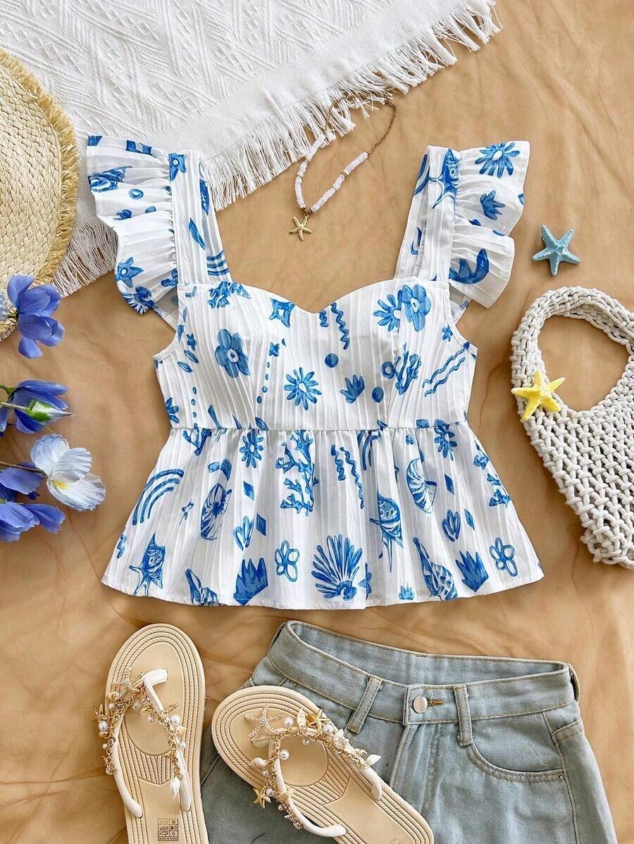 Camisa de mujer de manga corta para vacaciones de primavera/verano, de tela texturizada, adecuada para festival de música, estilo bohemio, citas de vacaciones, tarde de té - Azul y blanco - Ver 1
