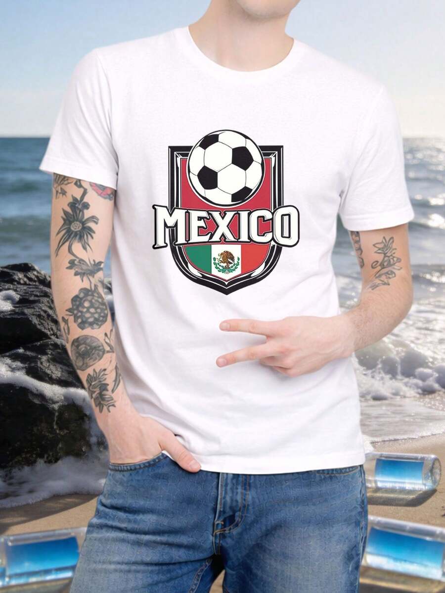 Camiseta de fútbol mexicano para hombre - Camiseta de moda para hombre - Camiseta de verano de manga corta para hombre - Camiseta de manga corta de uso diario - Camiseta con estampado de moda - Adecuada para fitness y actividades al aire libre en todas las estaciones - Artículo esencial de estilo - Negro - Ver 1