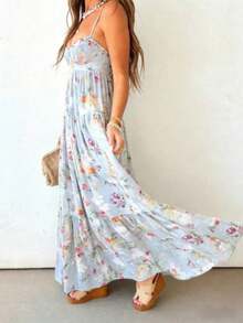 Dresses For WomenWomen's Summer Floral Print Backless Spaghetti Strap Maxi Dress Elegant Sleeveless Long Flowy Dress For Vacation Date Night Beach Wedding GuestLoose And Comfortablevestidos De Mujer - 藍色 - 查看 5