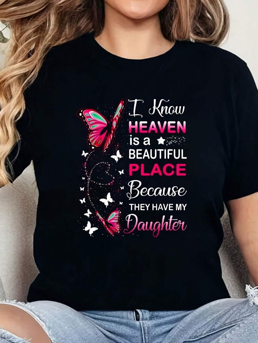 Talla Grande - Talla Grande - Talla Grande - Camiseta de Recuerdo para Mujer y Uni | Hija Mi Ángel de la Guardia en el Cielo Regalo del Día del Recuerdo, Estampado de Alas de Ángel y Estrellas con la Cita "Sé que el Cielo Tiene un Lugar Hermoso", Manga Corta Suave y Transpirable, Cuello Redondo