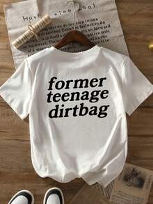 Camiseta Casual para Mujer de Diseño Simple y Versátil - Estampado de Bolsa de Basura con Dibujos Animados en la Parte Frontal, Camiseta de Cuello Redondo con Estampado de Fuente Vintage y Detalles de Apliques, Camiseta de Manga Corta de Corte Regular. Camiseta de algodón - Blanco - Ver 3