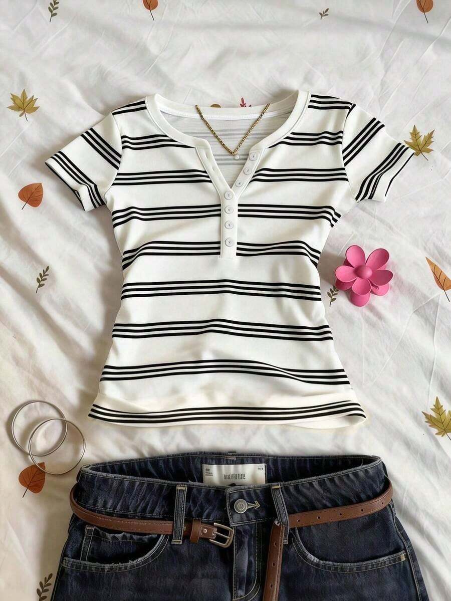 1 pieza Camiseta de mujer con estampado digital y cuello en V de manga corta, un gran regalo para amigos - Blanco 3 - Ver 1