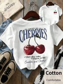 100% Pure Cotton, Summer Clothes 2026, Women's Top, Elegant Millennium Clothing For Women, Round Neck T-Shirt With Cherry And Slogan Print, Summer Top, Best Selling Spring Outfit For Women, Summer Beach Shirt For Women - 白色 4 - 查看 6