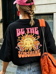 Women's Short-Sleeved T-Shirt, Vintage Style With Letter And Graffiti Print, Comfortable, Breathable, Loose And American Hippie Style, Suitable For The Cherry Blossom Season In Spring, Outdoor Music Festivals, City Walks, Park Visits And Light Summer Vacation. - 黑色 - 查看 1