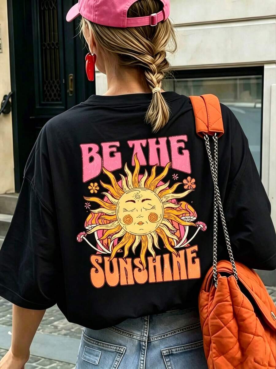 Women's Short-Sleeved T-Shirt, Vintage Style With Letter And Graffiti Print, Comfortable, Breathable, Loose And American Hippie Style, Suitable For The Cherry Blossom Season In Spring, Outdoor Music Festivals, City Walks, Park Visits And Light Summer Vacation. - 黑色 - 查看 1