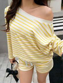 Conjunto de 2 piezas holgado a rayas para mujer, incluye top de manga larga con hombros oblicuos + shorts con cordón, conjunto de ropa de estar en casa informal - Multicolor 4 - Ver 3