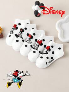 Disney 10/5/1雙迪士尼襪子，可愛米妮鼠白色蝴蝶結波點圖案短襪，透氣舒適卡通襪，適合兒童學生，歐美尺寸，禮物與日常穿著 - 彩色 - 查看 1