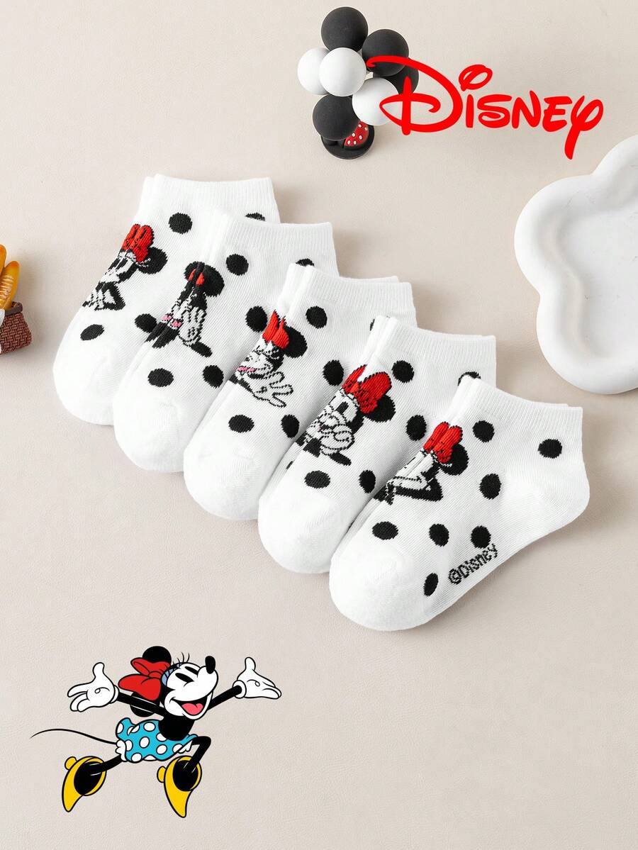 Disney 10/5/1雙迪士尼襪子,可愛米妮鼠白色蝴蝶結波點圖案短襪,透氣舒適卡通襪,適合兒童學生,歐美尺寸,禮物與日常穿著 - 彩色 - 查看 1