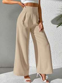 Pantalones anchos casuales de mujer con tela de unicolor texturizada - Caqui - Ver 5