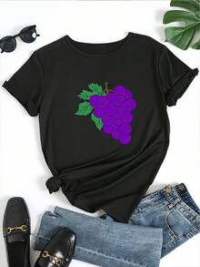 Camiseta Casual Estampada para Mujer - Manga Corta, Cuello Redondo, Negra con Diseño de Uvas Moradas, Poliéster Ligero para Verano y Primavera, Diseño Artístico de Uvas, Tela Ligera - Negro - Ver 1