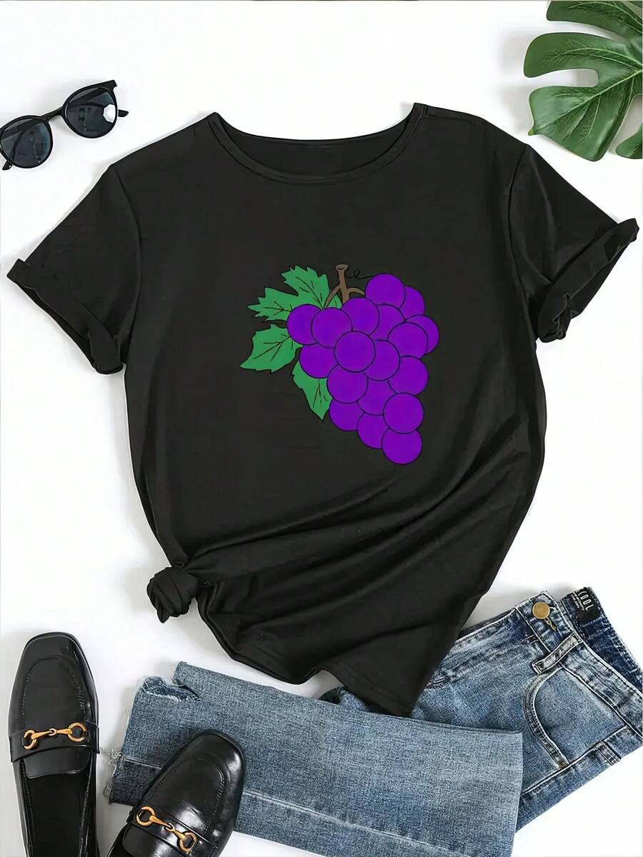 Camiseta Casual Estampada para Mujer - Manga Corta, Cuello Redondo, Negra con Diseño de Uvas Moradas, Poliéster Ligero para Verano y Primavera, Diseño Artístico de Uvas, Tela Ligera - Negro - Ver 1