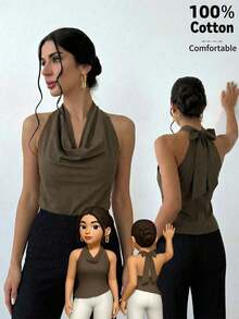Blusa elegante minimalista con cuello drapeado y lazo delantero para mujeres, color albaricoque - Café integral - Ver 10