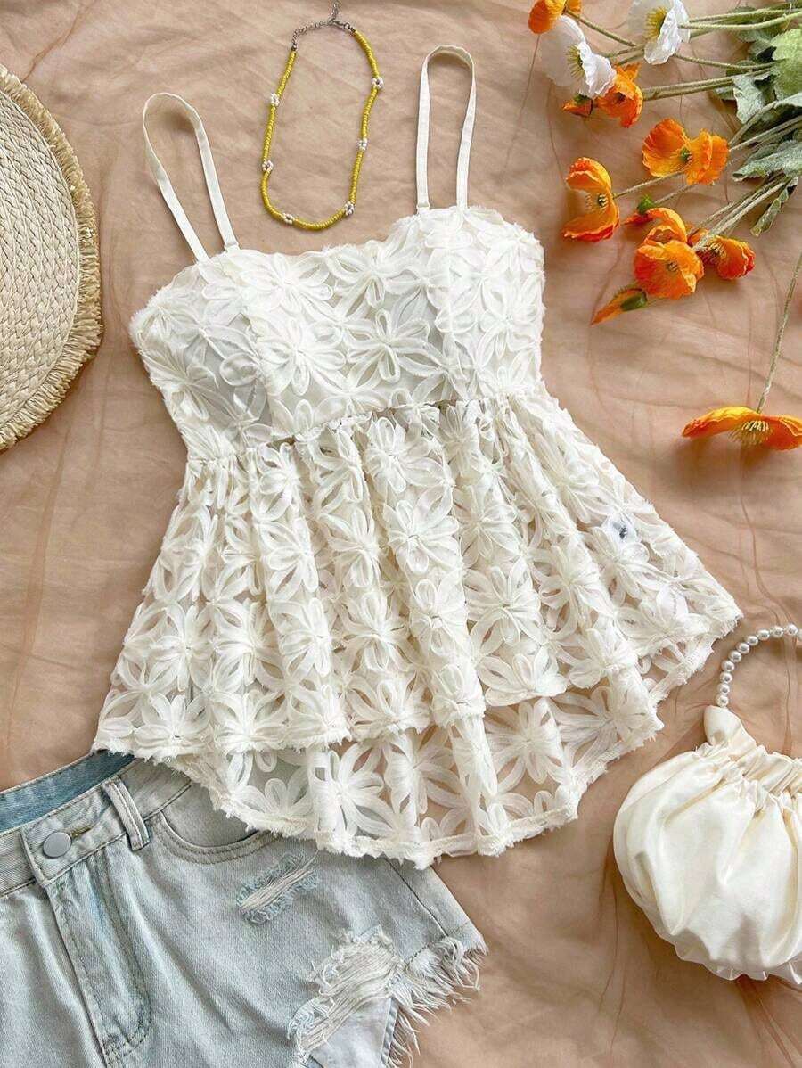 Camiseta sin mangas casual y linda para mujer, con textura de punto floral romántica y dulce, cintura elástica y bajo asimétrico suelto, color amarillo, para vacaciones de verano, graduación, boda, vuelta al colegio, fiesta de Pascua - Beis - Ver 1