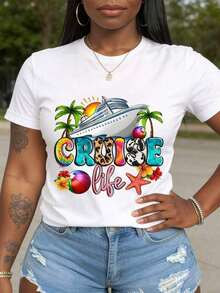 1 Piece Of Women's T-Shirt 100% Cotton With Tropical Palm Tree And Cruise Ship Print, Round Neck, Ideal For Summer Ocean Getaways And Beach Adventures, 180g 100% Cotton. - 白色 - 查看 7
