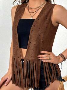 Chaleco/chaqueta de mujer talla grande con estilo boho y western, de unicolor con parches y flecos en el bajo, para usar en verano, otoño e invierno - Café integral - Ver 5