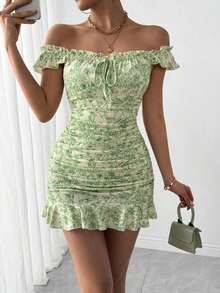 Vestido con estampado floral, volantes y bajo sexy para mujer - Verde - Ver 2