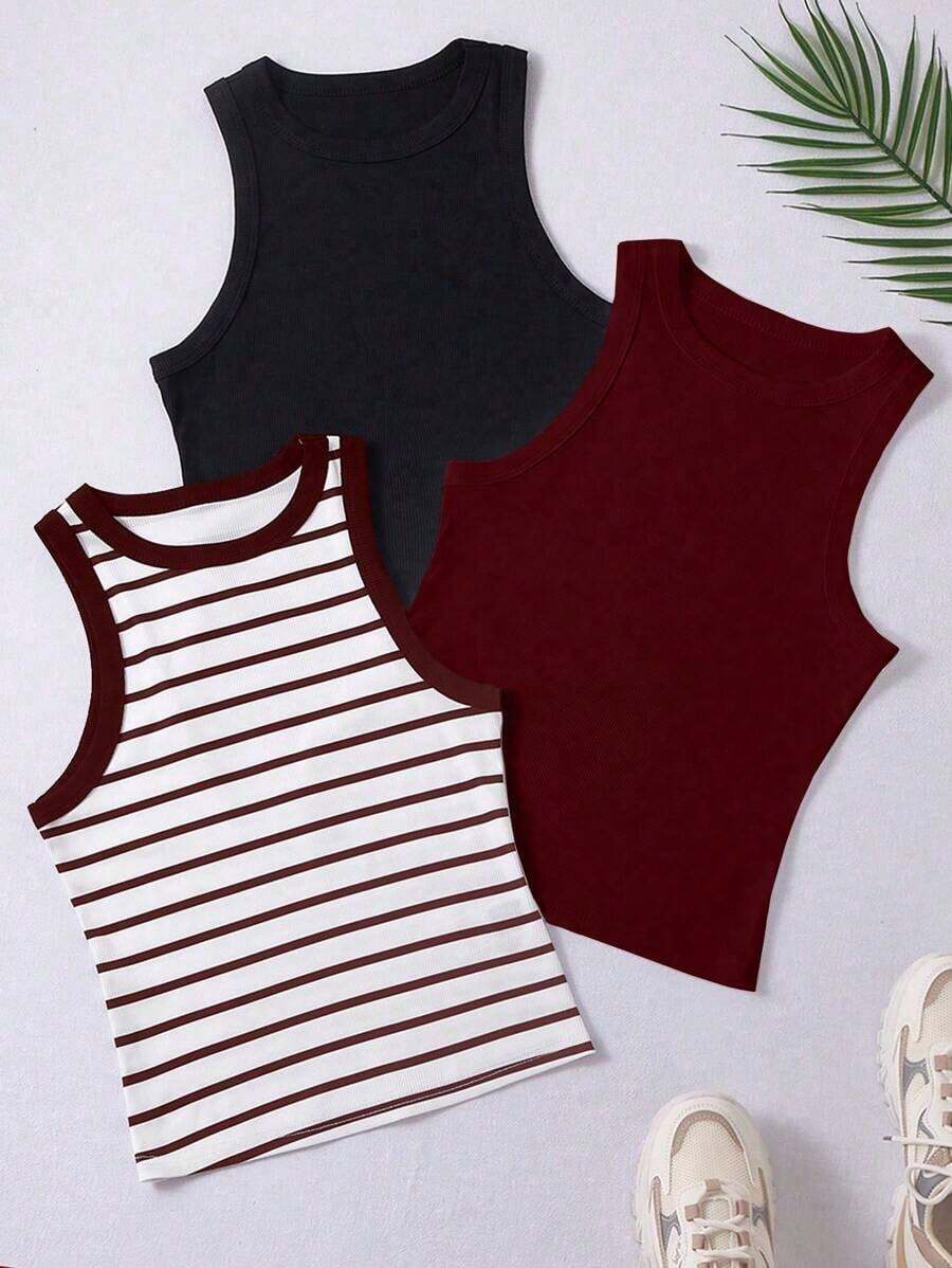 Top ajustado de cuello redondo informal para mujer - Color caoba 2 - Ver 1