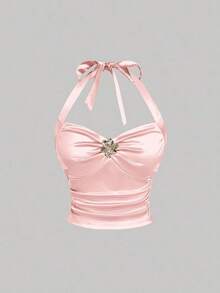 Set de 2 piezas de top halter y minifalda de jacquard para mujer, conjunto de falda y top blanco, ropa de otoño para mujer, atuendo para fiesta, boda, salida, conjunto elegante de mujer, conjunto chic de mujer, ropa de campo para mujer - Rosa - Ver 5