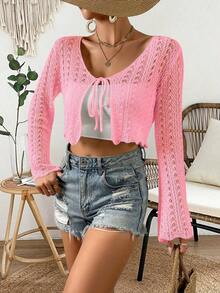 Cárdigan de punto calado de color liso casual para vacaciones - Rosa - Ver 7