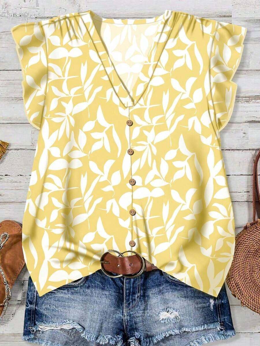 Camisa de mujer casual y minimalista con estampado botánico, adecuada para el verano - Amarillo - Ver 1