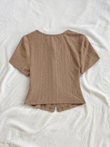Blusa casual de mujer con manga corta, bordado de malla y lazo con botón - Caqui - Ver 2