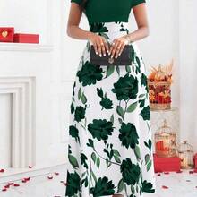 Lunessa Women Round Neck Short Sleeve Floral Print Elegant Charming Fashion Dress Burgundy Maxi Women Outfit - Rosa Pálido - Ver 5