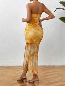 Vestido largo de mujer con cuello de halter, plisado y estampado de malla - Amarillo - Ver 2