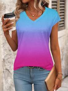 Blusa de rayas de verano casual para vacaciones, de manga corta y cuello en V, minimalista y versátil para uso diario y viajes, estilo coreano suave y apropiada para la oficina - Multicolor 2 - Ver 7