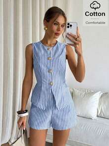 Conjunto de chaleco y pantalones cortos de rayas con botones delanteros para mujer, casual/para ir al trabajo - Azul y blanco - Ver 6