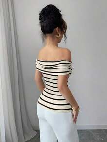 Elegante camiseta a rayas de hombros descubiertos, estilo francés vintage, para uso en vacaciones de estilo bohemio y para uso diario casual - Albaricoque - Ver 2