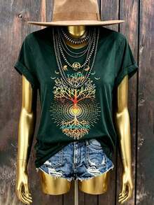 NostaNoir Camiseta de manga corta con estampado de árbol y luna para verano, camisetas gráficas para mujer - Verde - Ver 4