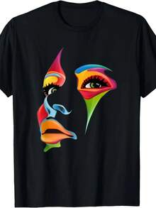 Colorful Abstract Female Face Art Print T-Shirt, Streetwear, Short-Sleeved Tee, Funny Men's Tee, Ropa Hombre.Jpg. Same Style For Men And Women. 2025 Summer Short-Sleeved Printed - Back - View 6