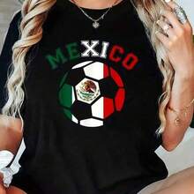 Camiseta de Mujer con Estampado de la Bandera Mexicana y Balón de Fútbol, Diseño Nacional, Estilo Deportivo Casual, Color Negro - Negro - Ver 6